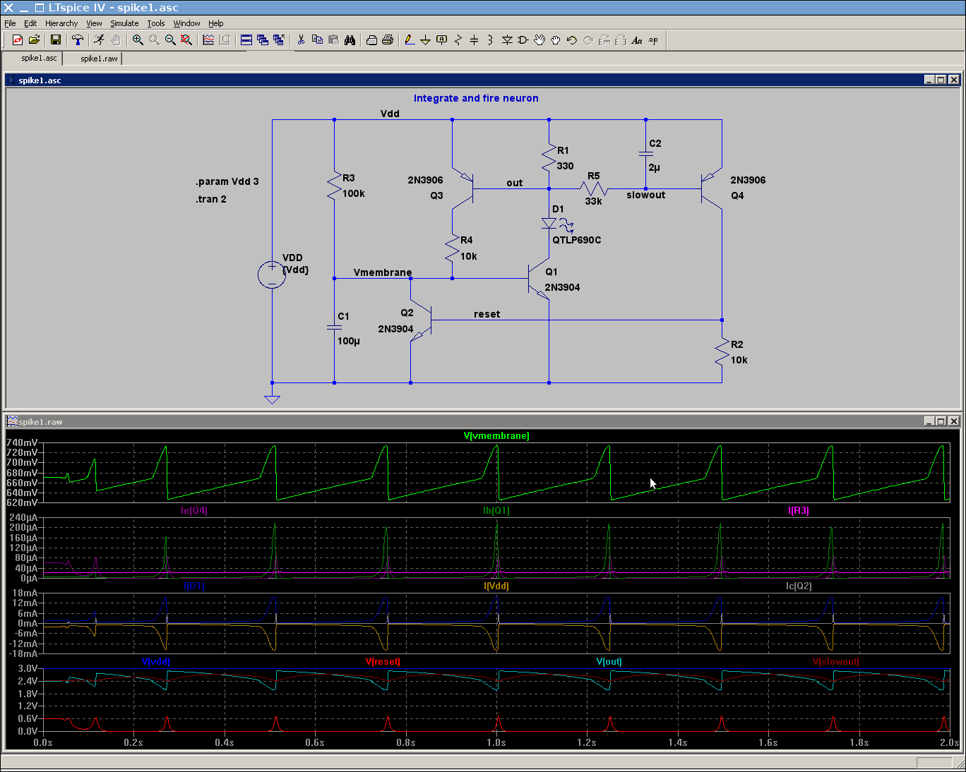 4-transistor neuron LTspice schematic